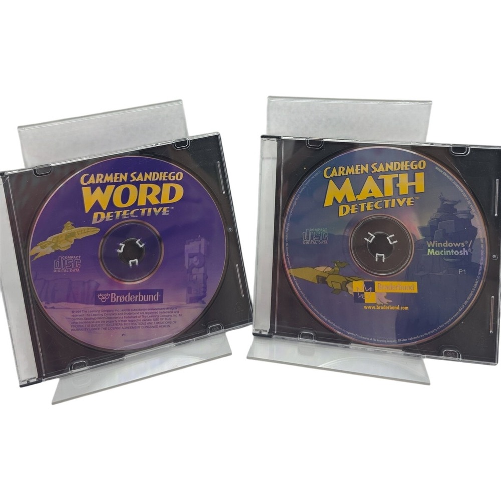 Carmen Sandiego Word Detective and Math Detective Broderbund CD ROM Lot Of 2